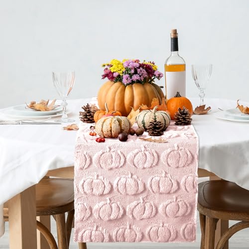 Fall Table Runner 3D Faux Fur Pumpkin & Pink - Seasonal Harvest Decor