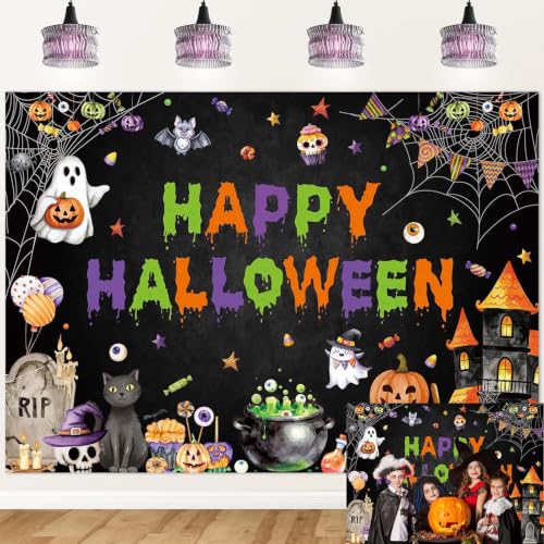 Halloween Photo Backdrop 7x5FT Spooky Pumpkins Ghosts Haunted House Banner - Vinyl Halloween Decoration