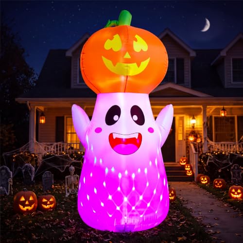 Red Halloween Inflatable Ghost Pumpkin with Colorful Flashing Lights - 5FT Yard Decor