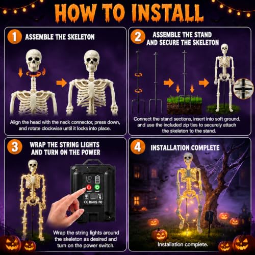2-Pack 36 Inch Solar Halloween Skeleton Decorations with Metal Stakes & Warm Lights - Variation of 2P-36"