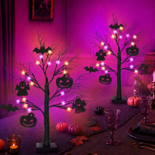 Black Halloween Tree Set with LED Lights, Ornaments & Timer - 24 Inch