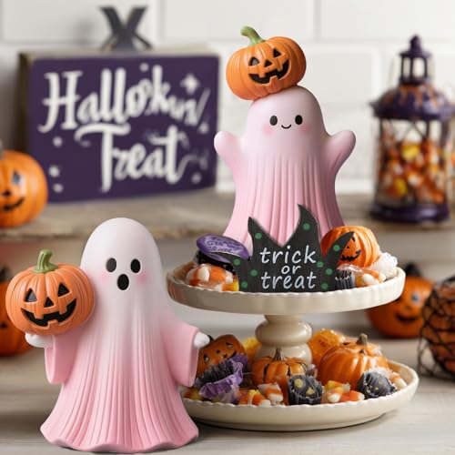 Pink Halloween Ghost Figurine with Pumpkin Indoor Decor - LifeNest