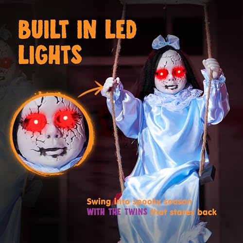 3ft Hanging Ghost Decorations for Halloween Outdoor Indoor Creepy Twins with LED Red Eyes