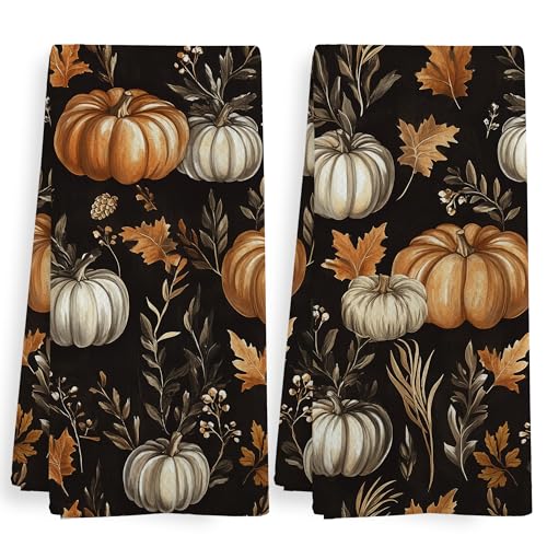 Fall Pumpkin Kitchen Towels Set with Black Pumpkin Design - 2 Pack 16x24 Inch