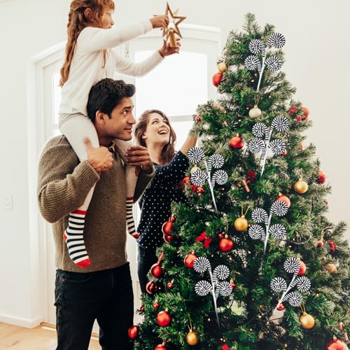 Christmas Tree Decorations Woolen Candy Picks with Bells - Black and White Stripes, 6 Pack