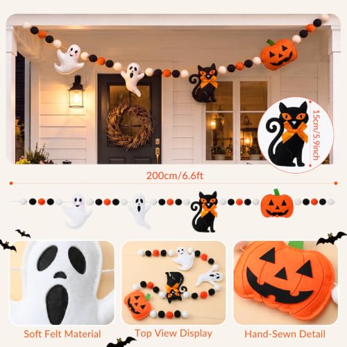 Halloween Felt Banner Ghost Pumpkin Black Cat Decor 6.6 ft Festive Party Decoration