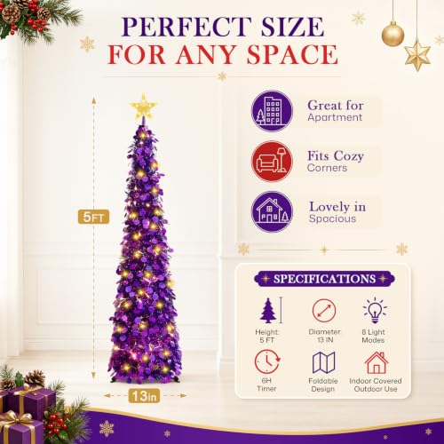 5FT Purple Lighted Christmas Tree with Star Topper - Pop-Up Holiday Decor