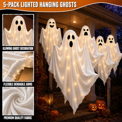Halloween LED Hanging Ghost Decorations with Timer - Outdoor 27.5 Inch Set of 5