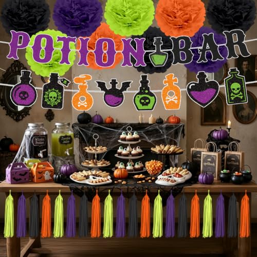 Halloween Potion Bar Decorations Set with Banners and Tassels - Witch Party Supplies