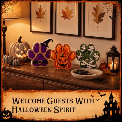 Halloween Pet Paw Print Wooden Table Decor Set - Whimsical Indoor Halloween Decorations