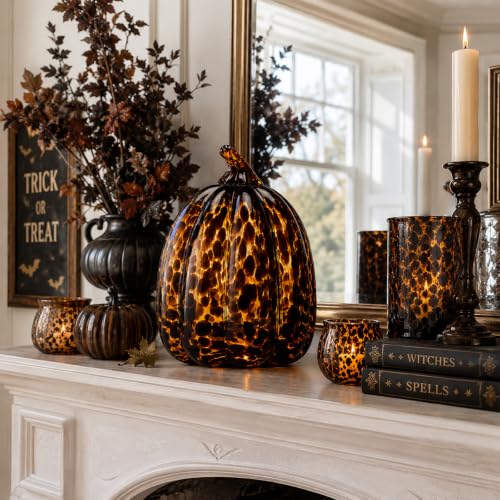 Large Tortoiseshell Glass Pumpkin Halloween Decor - Fall Thanksgiving Accent