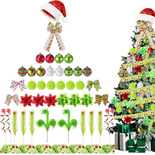 Halfchet Christmas Hat Hanging Ornament - 43 Pcs Holiday Tree Decorations with Ribbon Candy Red White and Green - Festive Party Decor