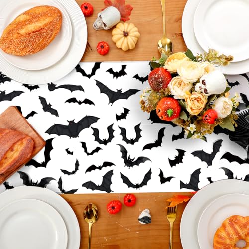 Halloween Bat Printed Plastic Table Runner - 14 x 108 Inches, Pack of 6 - Black & White, Bat Variation