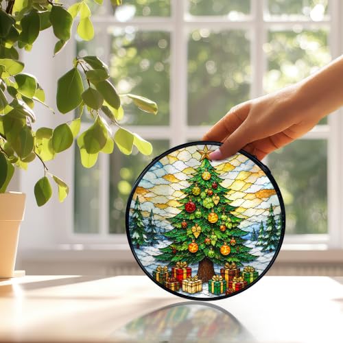 Winter Pine Tree Suncatchers Stained Glass Window Hanging Christmas Tree-3
