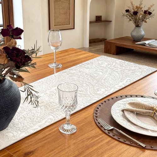 Jacquard Waterproof Table Runner - Milky White, 12x48 Inches - Elegant Dining Decor
