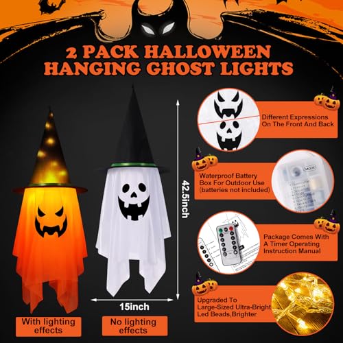 Halloween Outdoor Decorations 2 Pcs Glowing Ghost Witch Hats Hanging Decor - Variation of Ghosts Decor