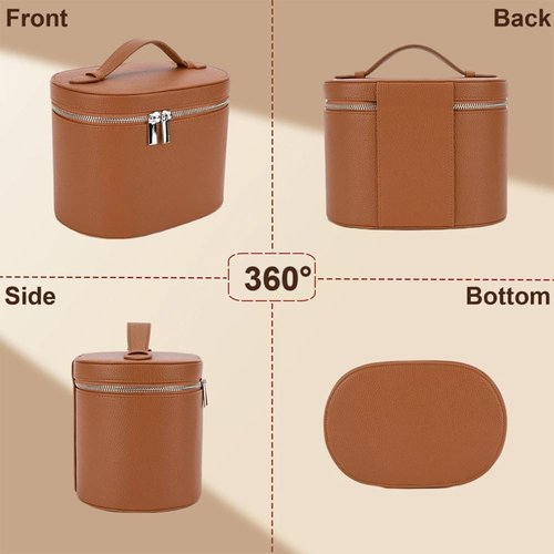 IEMIEBOAMGNOY Leather Make Up Bags With Compartments, Brown travel Cosmetic Bags for Women, Parallel Makeup Travel Bags Organizer Equipped With a Detachable Divider
