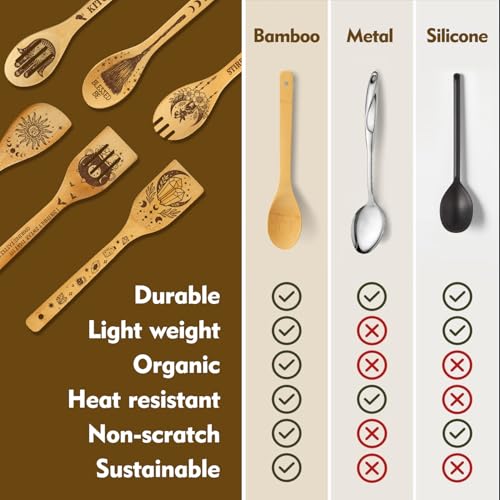 Halloween Kitchen Utensil Set with Witch Towel - 6 Bamboo Cooking Spoons & Gifts for Women