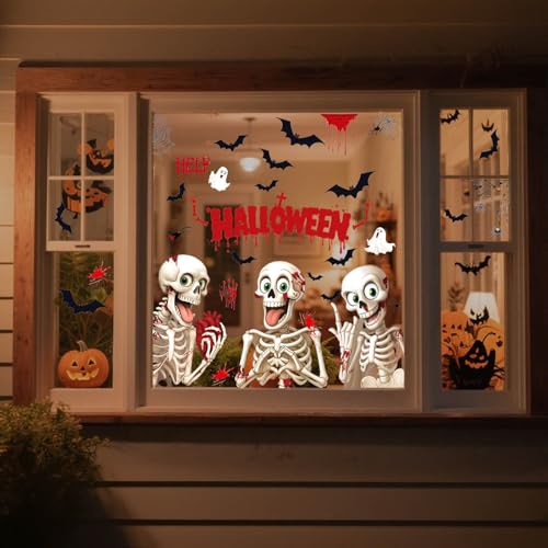Halloween Window Clings 4 Sheet Set - Skeleton Bats Ghost Spider Decorations
