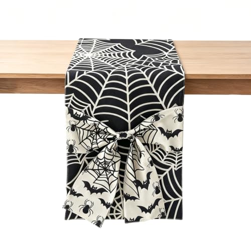 Halloween Spider Web Table Runner with Bow - Design 9, 13x72 Inch, Holiday Decor