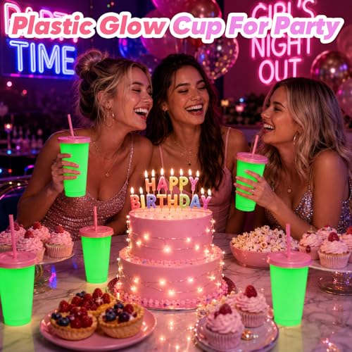 15 Pack Glow in the Dark Halloween Cups with Pink Lids - 24 oz Reusable Plastic Drinkware