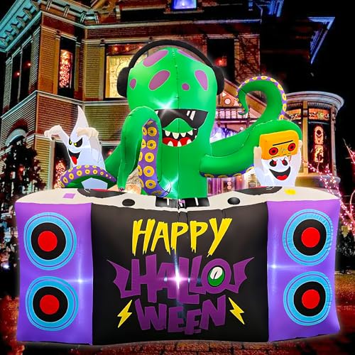 Halloween Inflatable Decoration - 6FT DJ Octopus Playing Music with Ghosts - Outdoor Yard Display