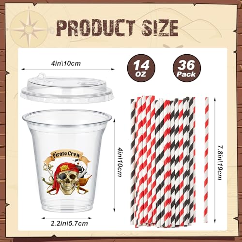 Pirate Party Cups Set with Lids and Straws - 36 Count, 14 oz, Pirate Variation