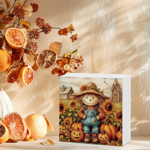 Fall Decor Pumpkin Scarecrow Wooden Box Sign - Autumn Harvest Rustic Home Accent