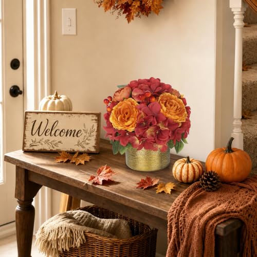 Artificial Fall Rose Hydrangeas with Golden Pot - Autumn Home Decor, Realistic Faux Flowers, Table Centerpiece
