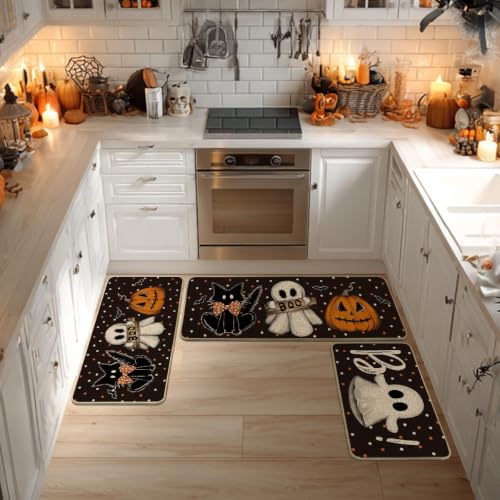 Halloween Kitchen Mats Set of 3 - Black Non-Slip Floor Mats 17x29/36/47 Inches