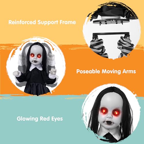 Halloween Animatronic Zombie Girl Decor with Sound & LED Eyes - 34 Inch Outdoor Haunted House Prop
