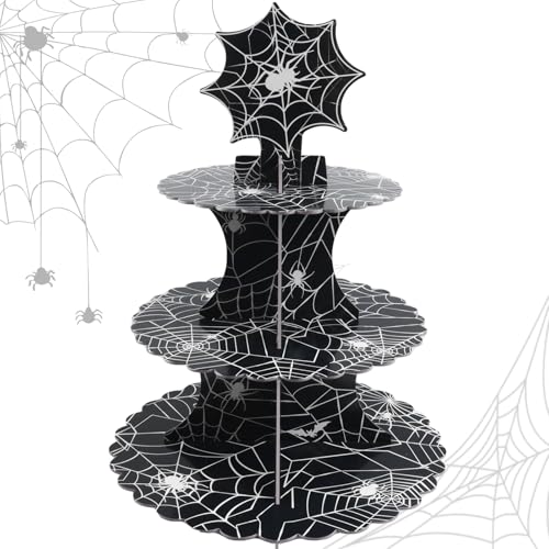 Halloween Spider Web Cupcake Stand - 3-Tier Gothic Dessert Tower with Spider Web Pattern, Black, Kids & Adults Party Decor - Variation: Spider Web