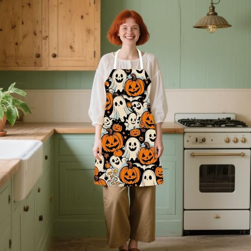 Halloween Funny Apron for Men Women Kitchen Grilling Cooking Pumpkin Ghost Skull