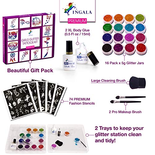 Pink Glitter Temporary Tattoo Kit for Girls with 74 Stencils, 16 Colors & Body Glue