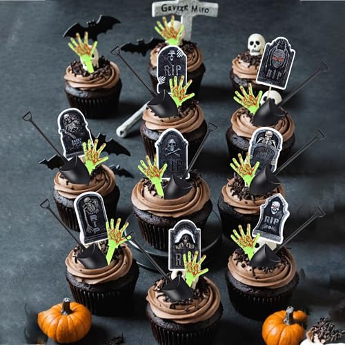 Halloween Skeleton Zombie Hand Cupcake Toppers & Shovel Spoons - Design 13