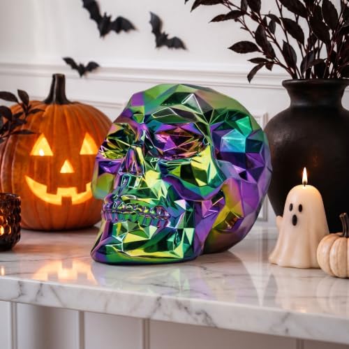 Iridescent Black Skull Decor Statue - Gothic Resin Human Head Model for Halloween & Home Decor
