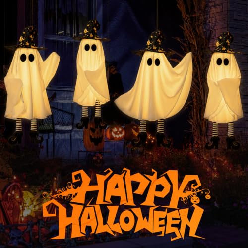 White Hanging Ghost Decor Set with Lights - 20x6 in, 4 pcs, Battery-Operated, Adjustable Swings for Halloween Yard & Indoor
