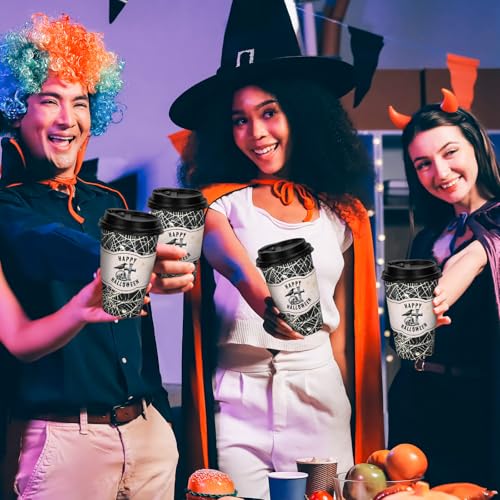 Halloween Spider Web Disposable Coffee Cups 16oz with Lids & Sleeves - Trick or Treat Party Supplies