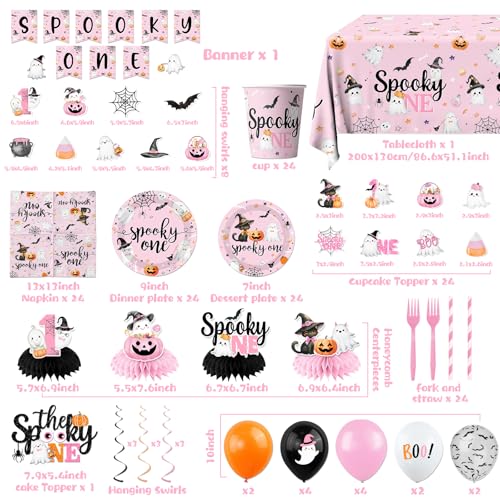 Pink Halloween First Birthday Party Decorations Set for Girl - Spooky Theme, Serves 24