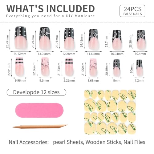 Pink Press On Nails Medium Length Square Black French Tip Vine Design - Variation A62