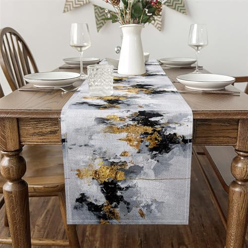 Jejeloiu Gold Black Grey Table Runner 13 x 120 Inches for Dining & Decor