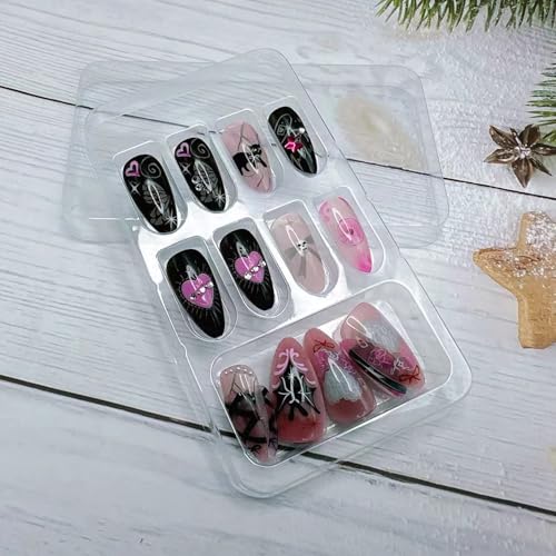 Halloween Fake Nails Set - Colorful Gothic Bat Graffiti Press On Nails, Medium Almond Shape, 24 Pieces with Glue & Tools