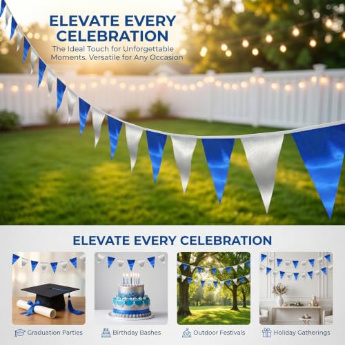Navy Blue Silver Triangle Pennant Banner - 130FT Nautical Party Decorations Set - Reusable Fabric Bunting for Weddings, Birthdays, Celebrations