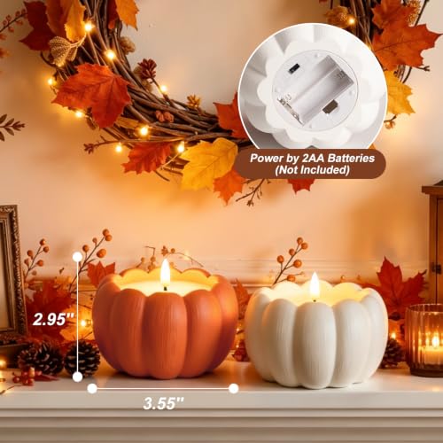 Terracotta Flameless Pumpkin Candle - Plaster Orange Fall Decor 2Pc