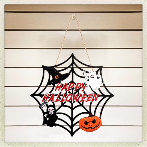 Halloween Spider Web Hanging Decor with Ghost Pumpkin Skull Bats - Wooden Front Door Wreath