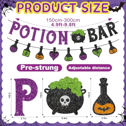 Halloween Potion Bar Banner with Glitter Swirls and Bats - Haunted House Party Decor