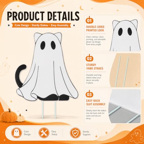 Halloween Ghost Cat Yard Signs with Stakes - Outdoor Decorations Set of 6