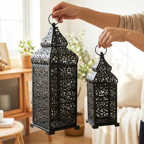 11-Inch and 15-Inch Black Moroccan Candle Lantern Set of 2 - Indoor Decorative Lanterns with Filigree Cutouts