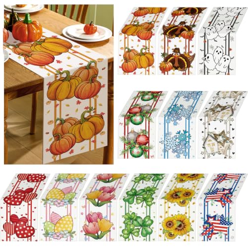 Cute 12-Piece Seasonal Farmhouse Table Runner Set - Thanksgiving, Christmas & Fall Decor