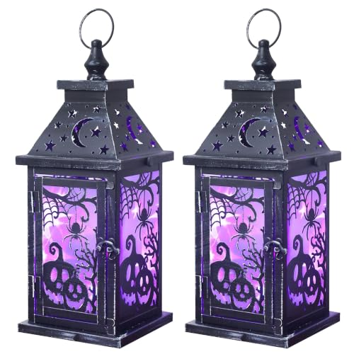 Halloween Lantern Set of 2 Indoor & Outdoor Spider & Pumpkin Candle Holders with LED Lights - 14.7 Inch, 8 Modes